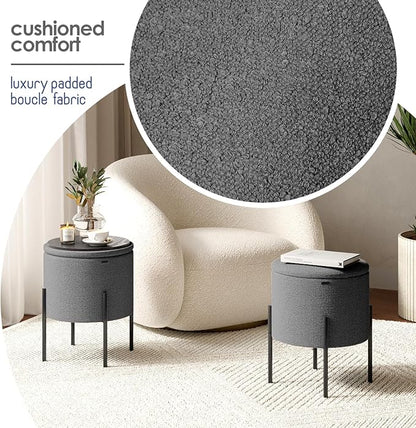 STORAGEBUD Round Ottoman with Storage, Boucle Storage Foot Stool, Makeup Vanity Stool, Small Ottoman Foot Rest, Modern Ottomans for Living Room and Bedroom, Grey