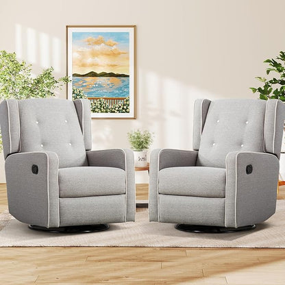 CANMOV Swivel Rocker Recliner Chair Set of 2, Nursery Glider Chair, Nursery Rocking Chairs, Manual Reclining Chair, Grey