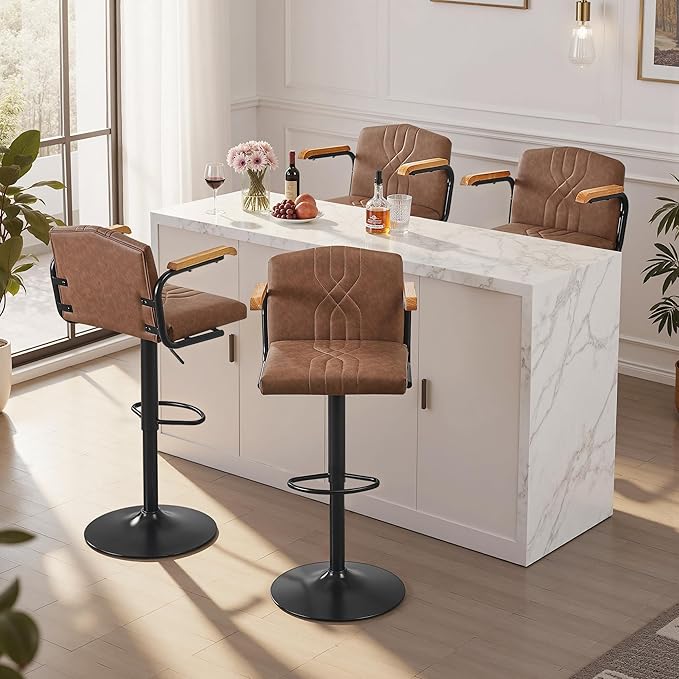 VECELO Bar Stools Set of 2, Adjustable & Swivel Faux Leather Bar Stools with Backs and Footrest, for Kitchen Islands, Dining Counters, Home Bars, Brown