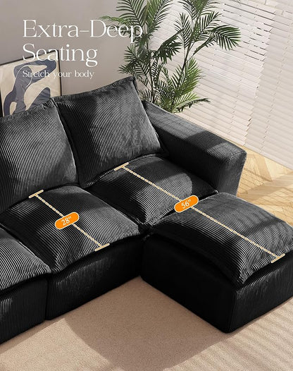 137" Comfy Cloud Couch with U-Shape Chaise & Deep Seat, Modular Sectional Sofa in a Box, Boneless Upholstered Couches for Living Room, No Assembly Required (Soft Corduroy, Black)