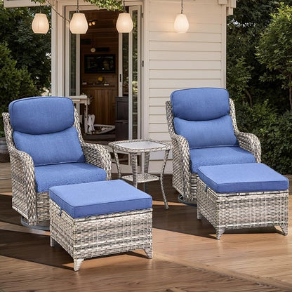 HUMMUH 6-Piece Outdoor Wicker Patio Furniture Set with Swivel Glider Chairs, 3-Seat Sofa & Ottomans 5” Olefin Cushions Ergonomic Neck-Lumbar Backrest All-Weather Rattan for Garden, Deck, Porch