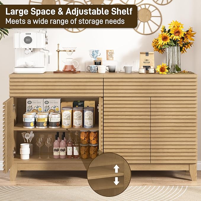 Fluted Buffet Cabinet with Storage, Coffee Bar Cabinet with a Drawer, Sideboard Buffet Kitchen Storage Cabinets with Adjustable Shelves for Living Room, Kitchen, Natural Oak