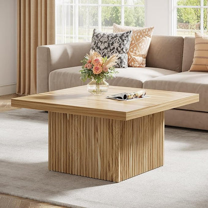 Tribesigns Square Coffee Table, 31.5-Inch Fluted Coffee Table, Mid-Century Modern Living Room Table, Large Cocktail Table for Living Room, Easy Assembly, Oak