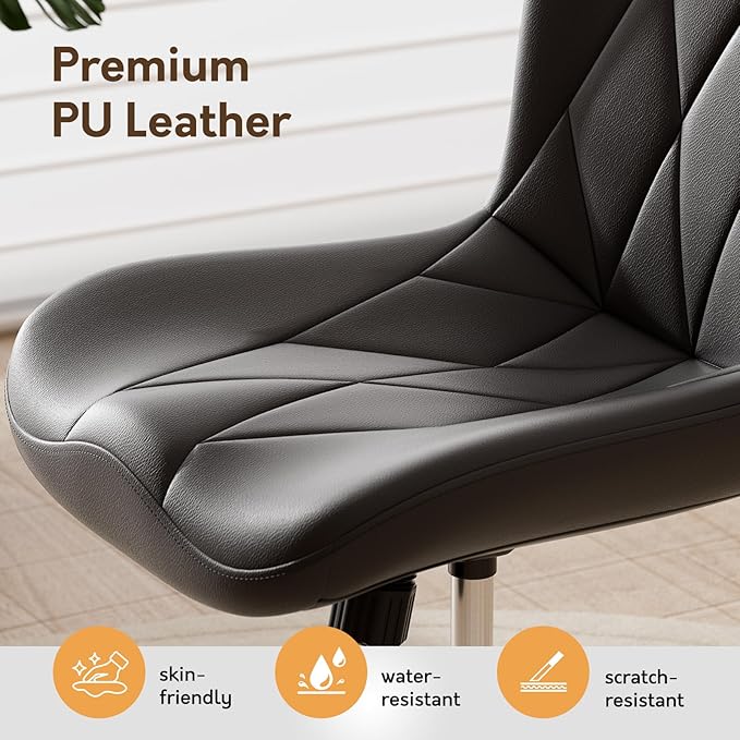 Armless Desk Chair, Morden Home Office Chair no Arms, Adjustable Height & Rocking Computer Chair, PU Leather Vanity Chair, Ergonomic Seat Soft Padded Desk Chairs for Home Small Space, Black