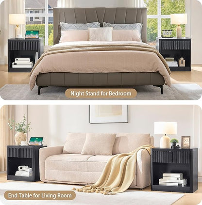 Fluted Nightstand Set of 2 with Charging Station, 23.6" End Table with Open Shelf and Drawers Storage, Bedside Table with Solid Wood Handle, Curved Profile Design, Night Stand for Bedroom