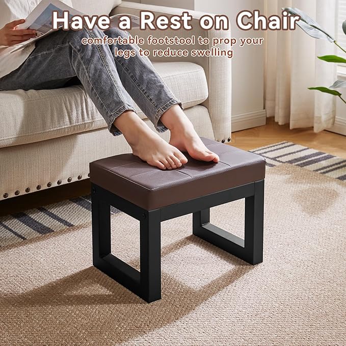 IBUYKE 16 Inch Small Foot Stool Ottoman, Rectangle PU Faux Leather Foot Rest with Padded Seat and Metal Legs, Modern Ottoman Foot Rest for Living Room Bedroom Entryway Couch, Deep Coffee WBD026K