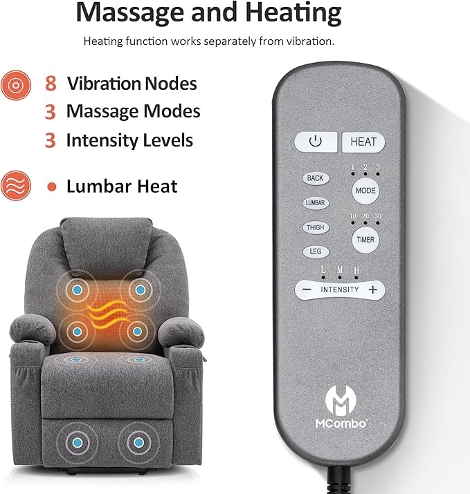 MCombo Small Power Lift Recliner Chair for Elderly, Petite Power Lift Chair with Heat and Massage for Seniors, Cup Holders, USB & Type C Ports, Fabric 7141 (Grey)