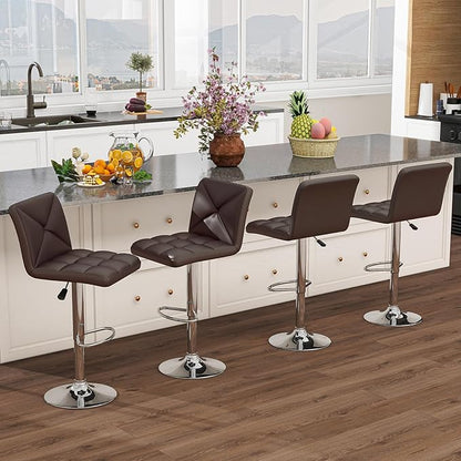 COSTWAY Bar Stools Set of 4, Modern PU Leather Swivel Bar Chairs, Height Adjustable Upholstered Barstools with Premium Gas Rod, Sturdy Footrest, Round Base, for Kitchen, Dining Room, Office,Brown