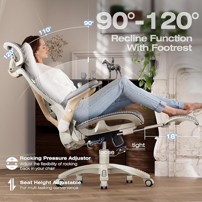 ELABEST X100 Ergonomic Office Chair with Footrest, Big and Tall Home Desk Chair with 5D Flip-Up Arms, Adjustable 3D Lumbar Support,High Back Rolling Computer Chair, Swivel Mesh Chairs (Foggy Morning)