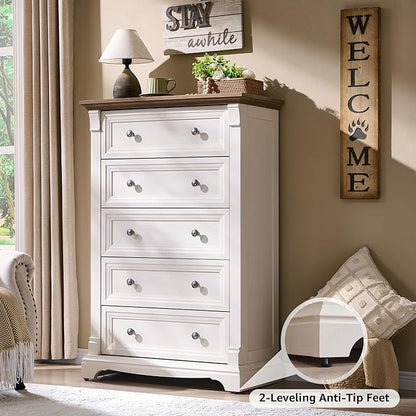 T4TREAM Farmhouse 5 Drawer Dresser for Bedroom, 47" Tall Wood Dresser with Ample Storage Space and Rustic Charm, Antique White
