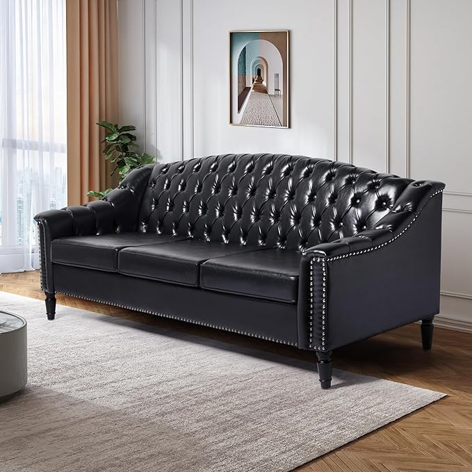 LEVNARY Mid-Century Modern Leather Couch, 80" Large Upholstered Sofa with High Back, Chesterfield Sofa Sleeper Settee with Solid Wood Legs, Tufted 3 Seater Wide Couches for Living Room Office (Black)