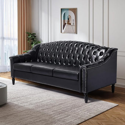 LEVNARY Mid-Century Modern Leather Couch, 80" Large Upholstered Sofa with High Back, Chesterfield Sofa Sleeper Settee with Solid Wood Legs, Tufted 3 Seater Wide Couches for Living Room Office (Black)