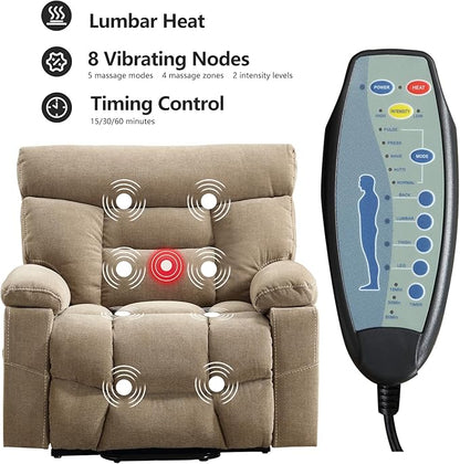 CANMOV Dual Motor Power Lift Recliner Chair for Elderly, 27" Extra-Wide Seat 450 lbs Weight Capacity Infinite Position Adjustment, with Heated Massage, Cup Holders and USB Port, Camel Fabric
