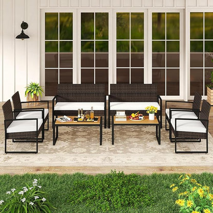 Tangkula 8 Pieces Patio Furniture Set, Outdoor Rattan Conversation Set w/Cushioned Chairs & Wood Plastic Coffee Table, Wicker Sectional Seating Furniture for Backyard, Poolside, Porch (Off White,2)