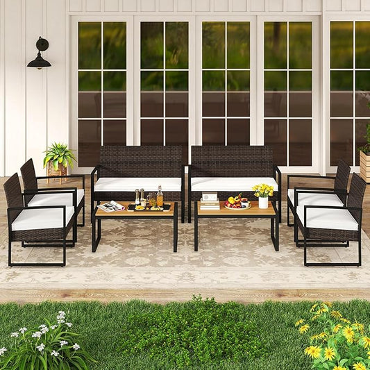Tangkula 8 Pieces Patio Furniture Set, Outdoor Rattan Conversation Set w/Cushioned Chairs & Wood Plastic Coffee Table, Wicker Sectional Seating Furniture for Backyard, Poolside, Porch (Off White,2)