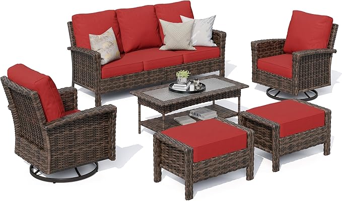 HERA'S HOUSE Red Outdoor Furniture Set with 35" High Back Swivel Chairs, Wicker Patio Conversation Sets with 5.5" Waterproof Cushions for Deck Lawn Yard