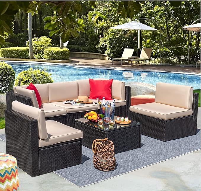 Devoko Patio Furniture Sets 6 Pieces Outdoor Sectional Rattan Sofa Manual Weaving Wicker Patio Conversation Set with Glass Table and Cushion (Beige)