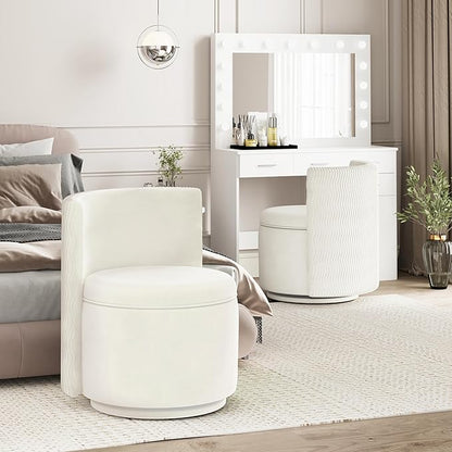 360° Swivel Accent Chair with Storage, Vanity Stool with Back, Velvet Storage Ottoman, Upholstered Round Barrel Vanity Chair for Living Room, Makeup Room, Bedroom (White High-Back)