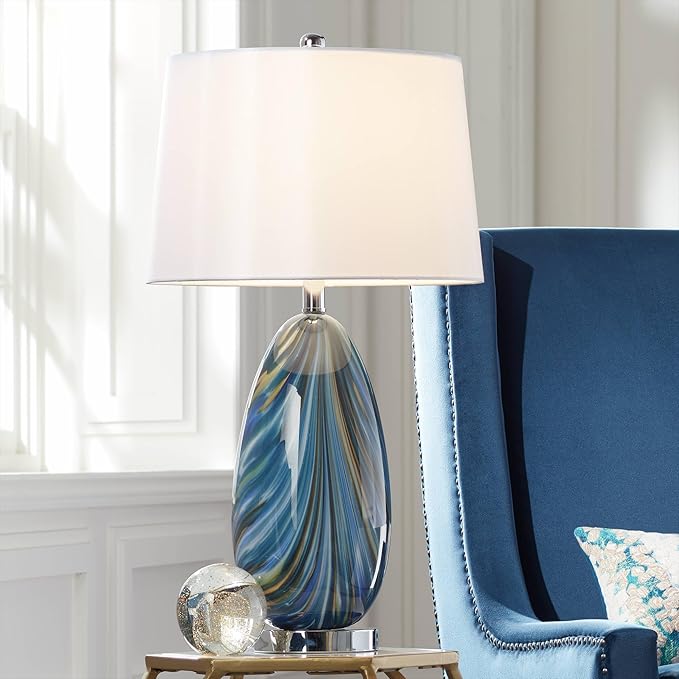 Possini Euro Design Pablo Modern Style Table Lamp with USB Charging Port 27" Tall Multi Blue Art Glass White Drum Shade for Living Room Bedroom House Bedside Nightstand Home Office (Color May Vary)