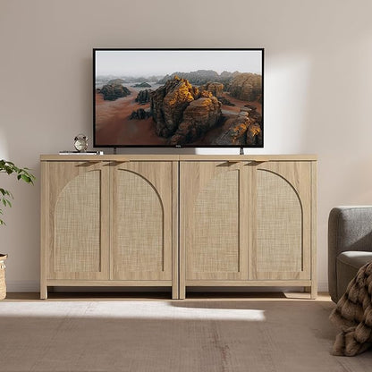 SICOTAS 102"W Rattan Sideboard Buffet Cabinet Set of 3, Mid Century Modern Credenza Storage Cabinet with Arch Doors & Shelves Boho Coffee Bar Media Console Cabinets for Kitchen, Living Room, Entryway