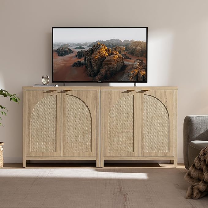 SICOTAS 68" W Rattan Sideboard Buffet Cabinet with Storage Set of 2, Mid Century Modern Credenza with Arch Doors & Shelves Boho Coffee Bar Media Console Cabinets for Kitchen, Living Room, Entryway