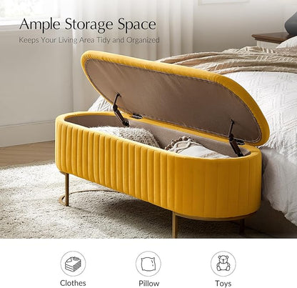 EcoHarbor Living 50.5" Bedroom Velvet Storage Bench,Upholstered End of Bed Bench with Gold Legs,Entryway Footrest Seat, Mustard