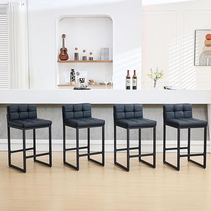 Bar Stools Set of 4, PU Leather Counter Height Barstools with Low Back and Thickened Metal Legs, 26 Inch Modern Island Chairs for Kitchen Island, Bar, Counter (Black, 4Pcs 26" Bar Stools)