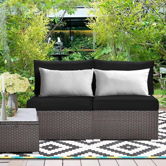 COSTWAY 2PCS PE Rattan Armless Sofa, Wicker Patio Conversation Set Chairs with Soft Cushion, Outdoor Sectional Furniture for Yard, Poolside (Black)