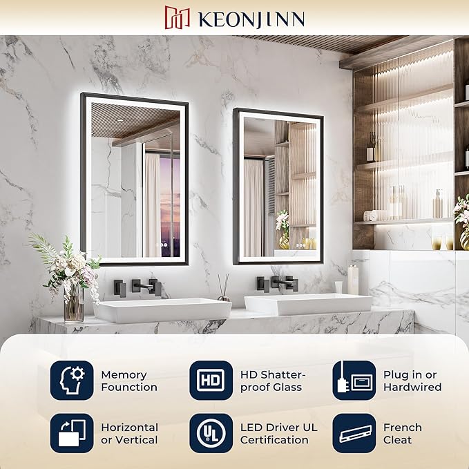 Keonjinn 30" x 36" LED Bathroom Mirror with Frontlit & Backlit, Black Metal Framed Mirror for Wall, Antifog, Stepless 3 Colors Temperature, UL-Listed LED Driver, Tempered Glass