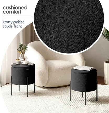 STORAGEBUD Round Ottoman with Storage, Boucle Storage Foot Stool, Makeup Vanity Stool, Small Ottoman Foot Rest, Modern Ottomans for Living Room and Bedroom, Black