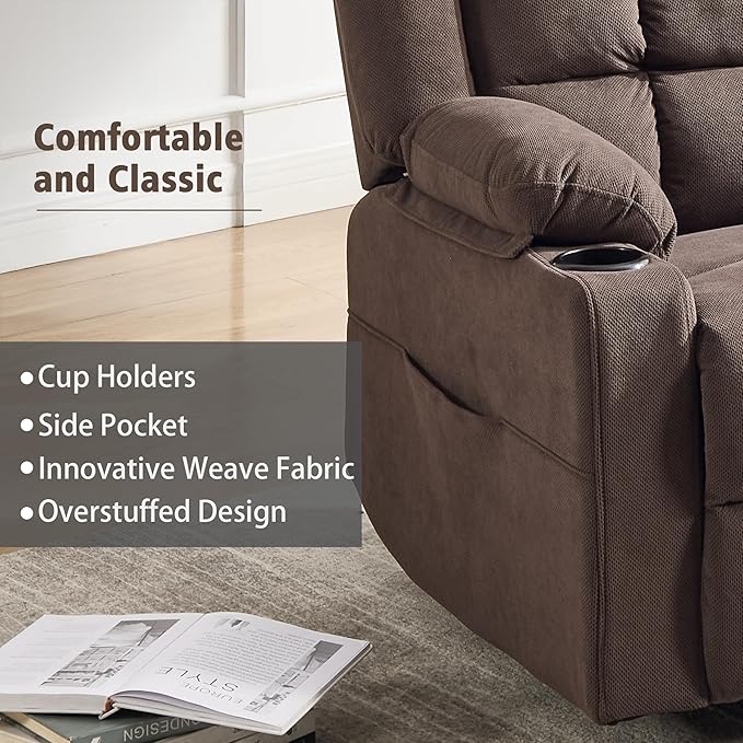 Swivel Rocker Recliner Chair for Adults with Massage and Heat, Cup Holders and Side Pockets, Glider Rocking Reclining Single Sofa Chair for Living Room (Cocoa)