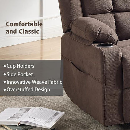 Swivel Rocker Recliner Chair for Adults with Massage and Heat, Cup Holders and Side Pockets, Glider Rocking Reclining Single Sofa Chair for Living Room (Cocoa)