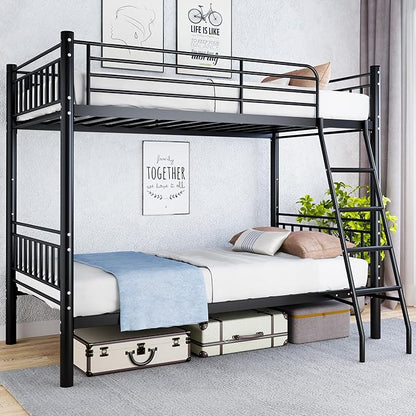 Metal Bunk Bed Twin Over Twin，Loft Bed with Removable Ladder and Full-Length Guardrail，Twin Bunk Beds Frame Heavy Duty Metal Slat Support for Adults, Kids and Young Teens (Black)