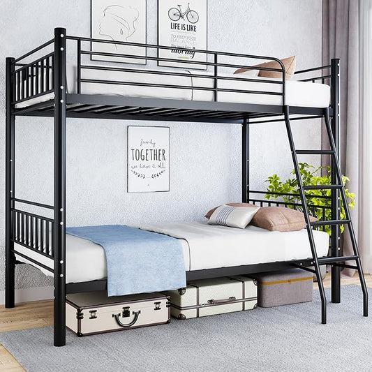 Metal Bunk Bed Twin Over Twin，Loft Bed with Removable Ladder and Full-Length Guardrail，Twin Bunk Beds Frame Heavy Duty Metal Slat Support for Adults, Kids and Young Teens (Black)