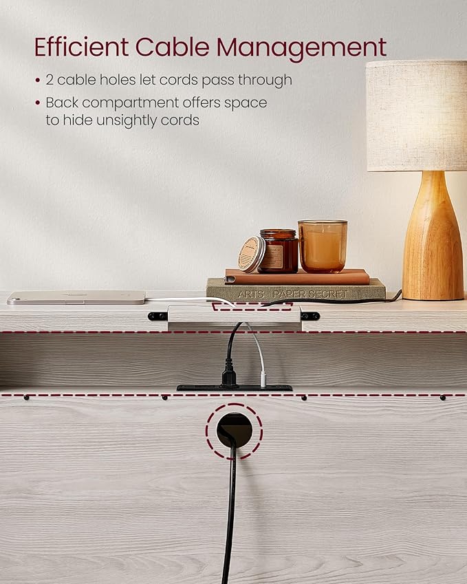 VASAGLE Console Table with Power Outlets, Entryway Table with Storage Shelf, Sofa Table with Drawer, Open Compartment, Rounded Corners, for Living Room, Boho Style, Oatmeal Beige ULNT140K66