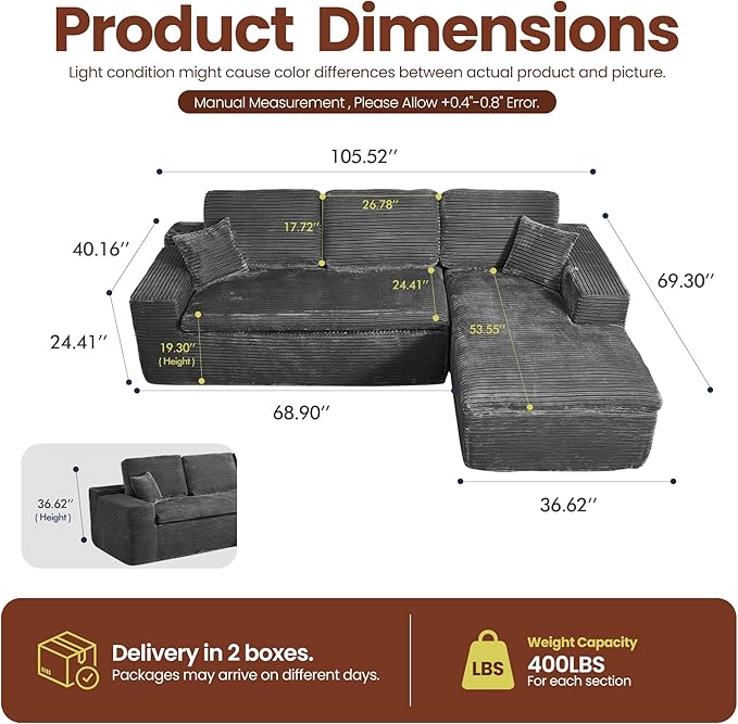 106" Oversized Couch Sofa, L Shape Couches for Living Room, No Assembly Required Corduroy Sectional Sofas with Right Facing Chaise for Home Apartment