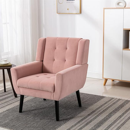 Dolonm Midcentury Modern Velvet Accent Chair with Arms, Upholstered Reading Side Chair Tufted Back Decorative Wingback Chair for Living Room Bedroom (Pink)