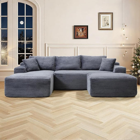 108 Inch Cloud Sectional Couch,Modern Modular Sectional Sofa with Deep Seat,Corduroy Boneless Couches with L-Shape Chaise for Living Room,No Assembly Required (Grey, Right Facing Chaise + Ottoman)