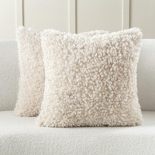 FUTEI Beige Decorative Throw Pillow Covers 18x18 Inch Set of 2,Soft Fluffy Faux Wool Fur Boucle Textured Cushion Case,Modern Home Decor for Couch Bed Living Room Office