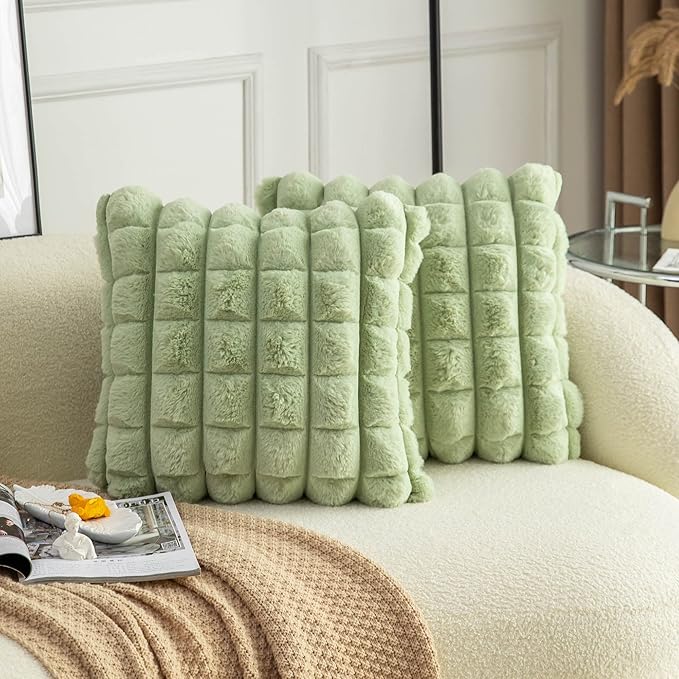 Neelvin Green Faux Fur Cozy Soft Plaid Decorative Throw Pillow Covers 20x20 inch Set of 2,Velvet Pillowcase Cushion Case for Sofa Couch