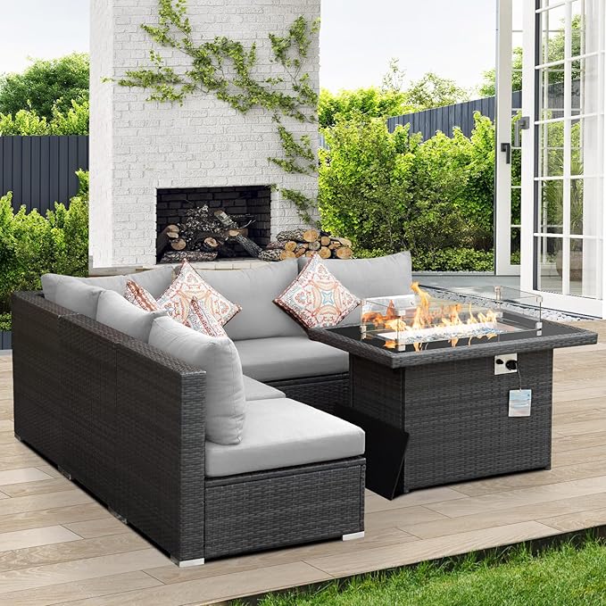 Nicesoul 6 Piece L Shaped Outdoor Patio Set with Firepit Table Natural Gas & Propane Convertible, 29.3'' High-Back Rattan Sectional Sofa, All Weather Deep Seats XL Large Conversation for Outside, Grey