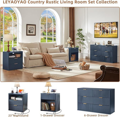 LEYAOYAO Fluted Nightstand with Charging Station, 23" Wide 1 Drawers Night Stand,Blue End Table with Open Storage,Farmhouse Bed Side Tables, Wood Dresser for Bedroom, Living Room, Closet