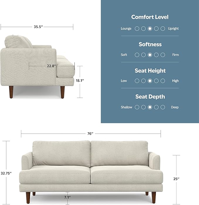 SIMPLIHOME Livingston 76-inch Wide Sofa in Cream White Woven-Blend Fabric, Handcrafted Loveseat Couch for Living Room or Family Room, Mid-Century Modern Style, Solid Wood Frame