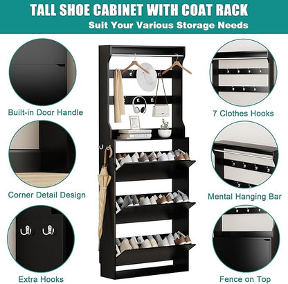 Shoe Cabinet for Entryway with 3 Flip Drawers, Black Tall Wood Shoe Storage Cabinet with Coat Rack, Narrow Hidden Slim Freestanding Shoe Rack Organizer, 2 in 1 Hall Tree for Living Room, Hallway