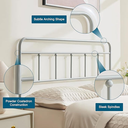 Metal Full Size Headboard, Sturdy and Durable Iron Headboard Adjustable Height from 34” to 44”, Victorian Vintage Full XL Bed Headboards, Farmhouse Head Board, Bed Frame Mount Grey