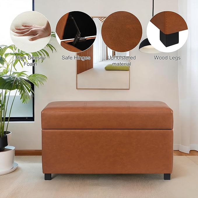 Asense Storage Ottoman Bench –32 Inch Stylish Compact Design with Storage, Extra Seating & Modern Leather Appeal for Living Room, Bedroom, Entryway,Brown