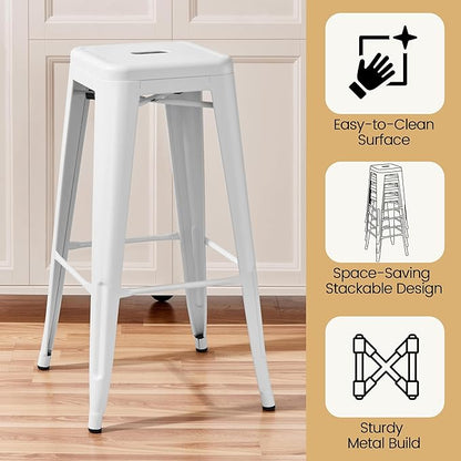 Yaheetech 30 Inch Metal Bar Stools Set of 4, Bar Height Backless Bartools, Industrial Stackable Bar Chairs with Footrest for Kitchen/Dining Room/Bistro/Patio, White