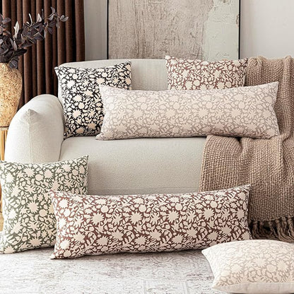Foindtower Set of 2 Decorative Long Body Lumbar Throw Pillow Covers Accent Farmhouse Cushion Covers Floral Vintage Pillowcase for Couch Sofa Bedroom Living Room Home Decor,14×36 Inch,Brown