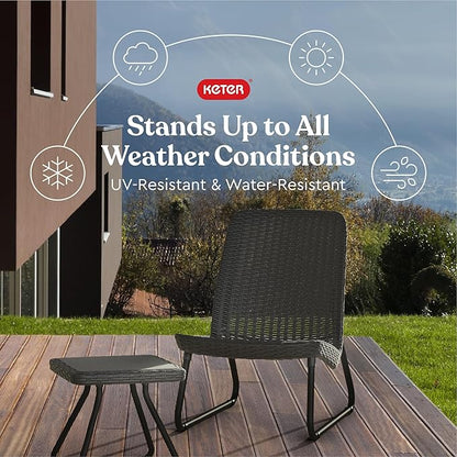 Keter Rio 3 Piece Resin Wicker Patio Furniture Set with Side Table and Outdoor Chairs for Front Porch and Backyard Decor, Dark Grey