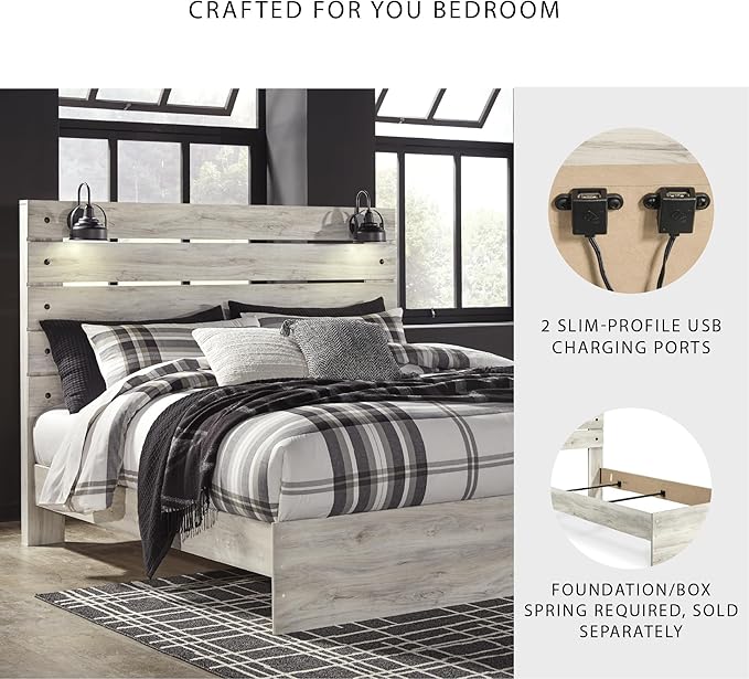 Signature Design by Ashley Cambeck Farmhouse King Panel Bed with Sconce Lights and USB Ports, Foundation or Box Spring Needed, Whitewash